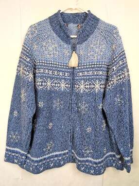 Tiara blue beaded embroidered snowflake full zip cardigan sweater Sz 26 Novelty